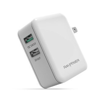 Quick Charge 3.0 RAVPower 30W Dual USB Wall Charger Quick Charger with iSmart for Galaxy S7, S7 Edge, S6, Note 5, LG G4 G5, Nexus 6 and more (White)