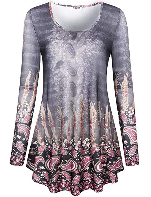 Hibelle Women's Scoop Neck Long Sleeve Casual Printed Flared Basic Tunic Tops