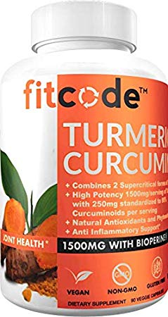 fitcode Turmeric Curcumin with 95% Curcuminoids, Highest Potency, Non-GMO, Gluten Free, 1500mg of Ultra-Pure Turmeric Curcumin with Bioperine for Enhanced Absorption, 30 Serving Veggie Capsules