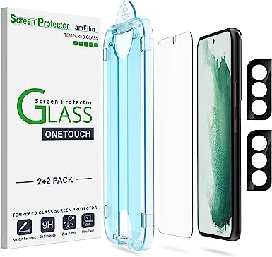 amFilm (2 2 Packs) OneTouch Compatible with Samsung Galaxy S22 Tempered Glass Screen Protector 5G 6.1 Inch, and 2 Pack Tempered Glass Camera Lens Protector, 9H Hardness with Easy Installation Kit