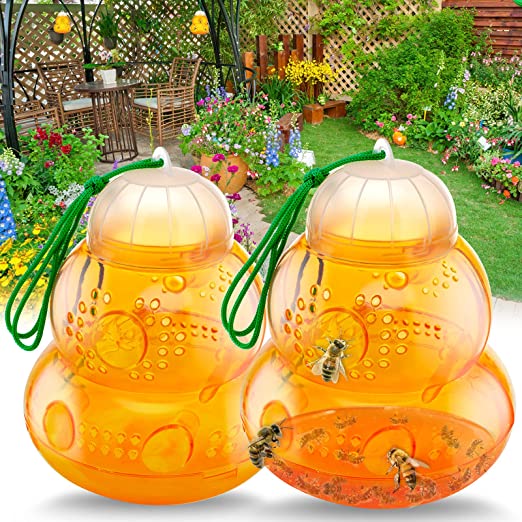 Wasp Trap, Bee Traps Catcher, Outdoor Wasp Deterrent Killer Insect Catcher, Wasp Killer Hornet Traps Non-Toxic Reusable Yellow Jacket Traps for Garden/Farm/Patio Hanging (2 Pack, Orange)