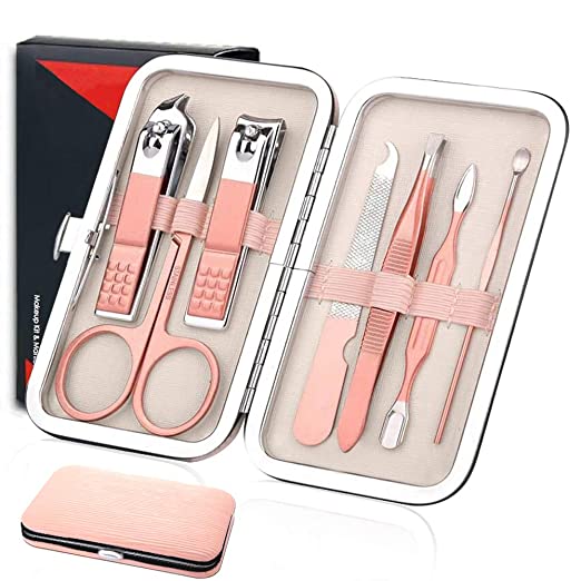 Manicure Set for Women Men - Professional Stainless Steel Nail Cutter Kit, 8 in 1 Nail Clippers Pedicure Kit Grooming Kit with Luxury Leather Travel Case, Best Gifts For Women Girl(Pink)
