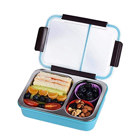 Bento Box 2 Compartments Stainless Steel Lunch Box for Adults and Kids, Portion Control Lunch Containers Leakproof, BPA Free - Blue