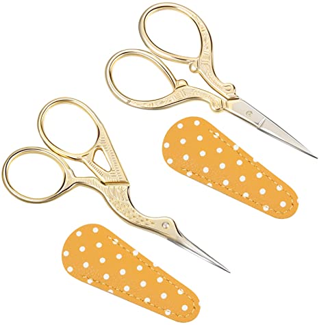 2 Pieces Sewing Embroidery Stork Scissors with 2 Pieces Leather Scissors Cover, Stainless Steel Stork Scissors Sewing Craft Stork Shape Scissors for Needlework Manual Sewing Handicrafts Tool