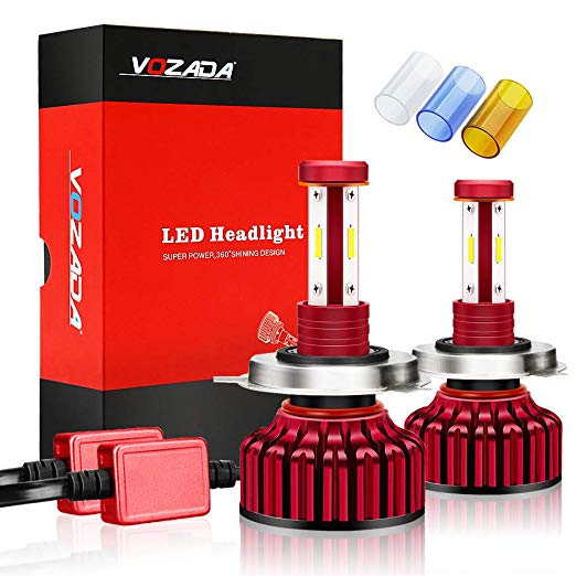 Vozada H4/HB2/9003 LED Headlight Bulbs 8000lm- 4 Sided Cree Chips Plug and Play High Low Beam Headlamps Conversion Kit with Cooling Fan and EMC Decoder, 6000K Bright White/3600K Yellow/8000K Blue
