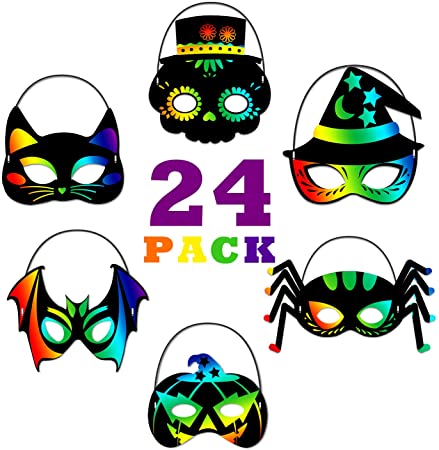 ORIENTAL CHERRY Halloween Crafts - 24PCS Magic Rainbow Scratch Art Masks Kits Bulk - Skeleton Cat Witch Pumpkin Bat Spider Decorations for Kids Ages 3-5 4-8 Classroom Birthday Party