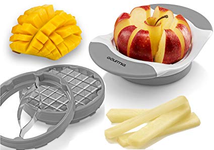 Gourmia 3 In 1 Handle Push Cutter, Mango, Apple Slicer & Corer With Bonus French Fries Blade, 3 Stainless Steel And Interchangeable Blades, Durable BPA free food safe material (Gray)