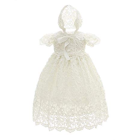 Slowera Baby Girls Lace Dress Christening Baptism Gowns and Bonnet