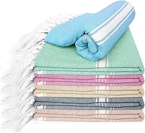 Turkish Beach Towel (40x71 Inches), Oversized 100% Cotton Sand Free Lightweight Absorbent Quick-Dry Beach Blanket, Extra Large Turkish Bath Towels for Travel and Pool (Pack of 6, Multicolor)