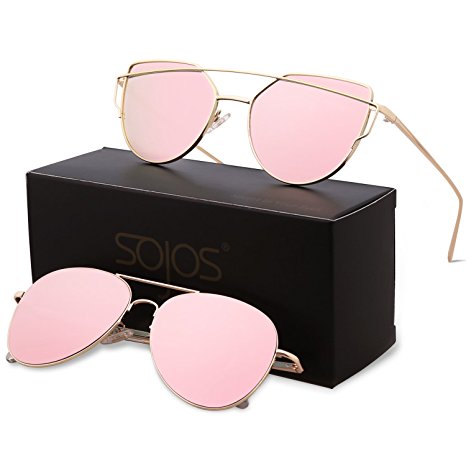 SojoS Cat Eye Mirrored Flat Lenses Street Fashion Metal Frame Women Sunglasses SJ1001