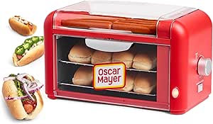 Nostalgia Oscar Mayer Extra Large 8 Hot Dog Roller & Bun Toaster Oven, Stainless Steel Grill Rollers, Non-stick Warming Racks, Perfect for Dogs, Veggie Sausages, Brats, Adjustable Timer, Red