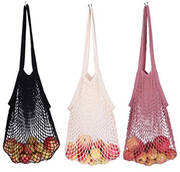 Bekith 3 Pack Long Handle Net String Shopping Bag Cotton Reusable Shopping Tote Net String Organizer for Grocery Shopping, Beach, Toys, Storage, Fruit, Vegetable and Market - Sturdy & Wear