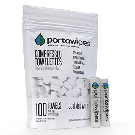 Portawipes Compressed Toilet Paper Tablet Coin Tissues - 100 Pack with 2 Carrying Cases