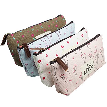 LJY Assorted Flower Floral Canvas Pen Holder Stationery Pencil Pouch Cosmetic Bags, 4 Piece