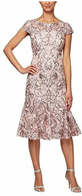 Alex Evenings Women's Tea Length Embroidered Dress with Godets