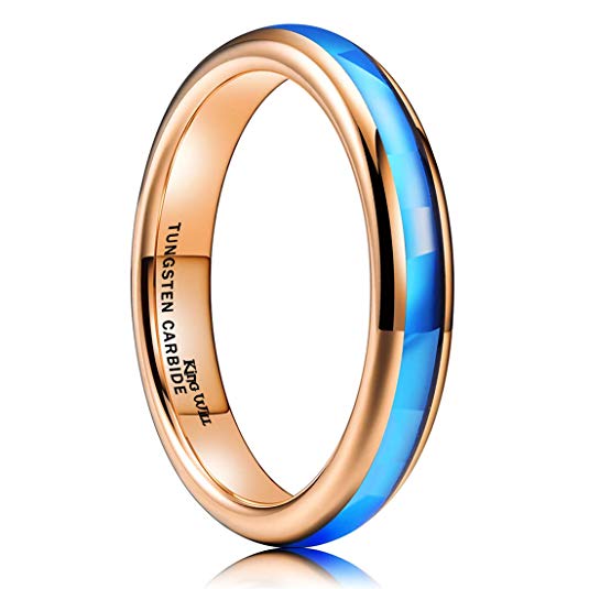 King Will Men's 4mm 6mm 8mm Silver/Rose Gold Tungsten Carbide Ring Inlaid Triangle White/Blue Opal Sticker Dome Wedding Engagement Band