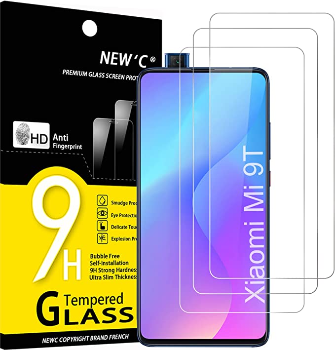 NEW'C 3 Pezzi, Vetro Temperato per Xiaomi Mi 9T, Xiaomi Mi 9T Pro, Pellicola Prottetiva Anti Graffio, Anti-Impronte, Senza Bolle, Durezza 9H, 0,33mm Ultra Trasparente, Ultra Resistente