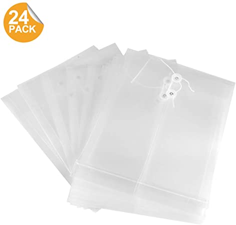 24 Pack Plastic Envelopes, MIKIKI Poly Envelope with String-Tie Closure Clear Document Organizer, Waterproof File Folder Letter A4 Size for School Home Office