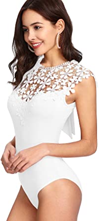 DIDK Women's Sheer Floral Lace Bow Knot Back Bodysuit