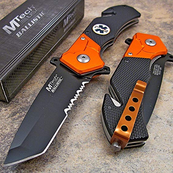Mtech Orange Black EMT EMS Tanto Rescue Pocket Knife NEW