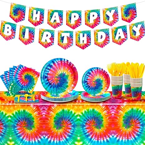 Zonon 115 Pcs Tie Dye Birthday Party Decorations, Colorful Birthday Party Supplies Include Tie Dye Tablecloth, Plates and Napkins, Cups, Banner for Birthday Party Decorations (Elegant Color)