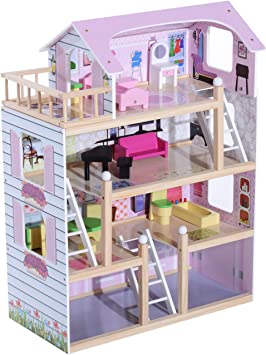 HOMCOM Casa de Muñecas con Muebles de 4 Niveles Altura 80,5 cm con 13 Accesorios Mobiliario Casita Muñeca Jueguetes de Madera 60,5x30x80,5 cm Rosa