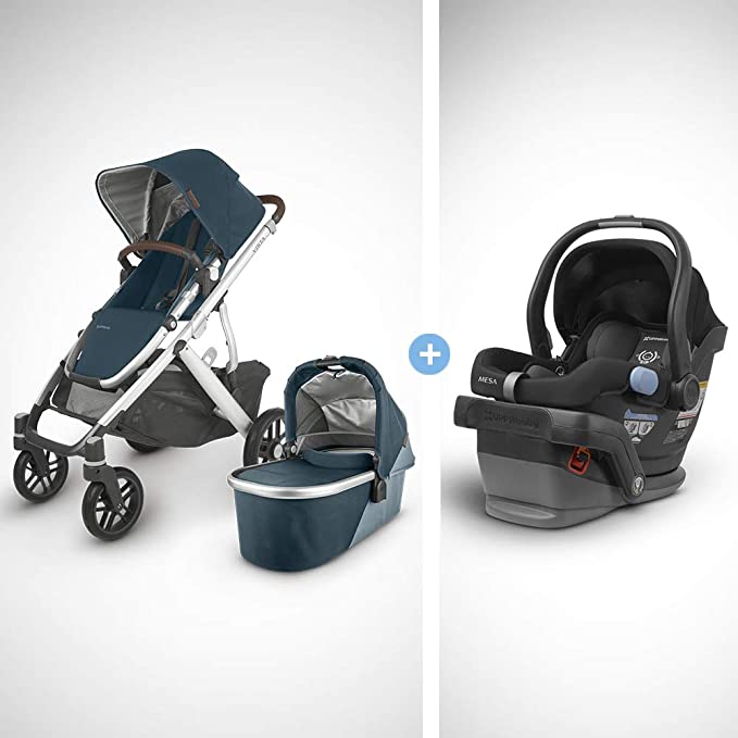 UPPAbaby Vista V2 Stroller - Finn (Deep Sea/Silver/Chestnut Leather)   Mesa Infant Car Seat - Jake (Black)