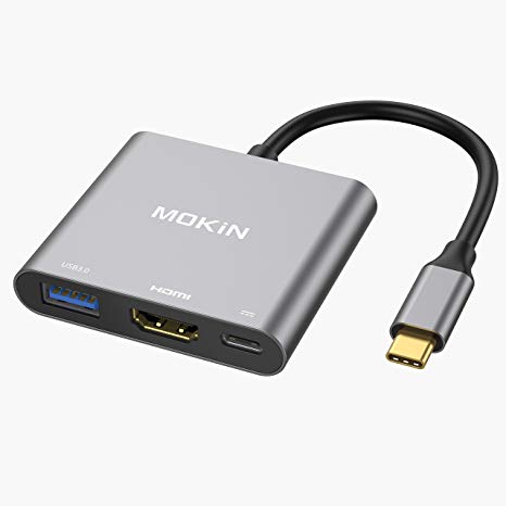 USB-C to HDMI Adapter, MOKiN USB Type-C (Thunderbolt 3 Compatible) Multiport Hub, 3-in-1 with HDMI Port USB 3.0 Port and USB-C Fast Charging Port, Compatible with MacBook/Google Pixelbook/Samsung s8 9