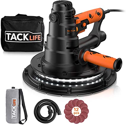 TACKLIFE 800W Drywall Sander, Handheld Wall Sander 770-2100rpm with LED Light & Automatic Vacuum System, 12 Pcs Sanding Pads(220mm) Electric Sander with Dust Bag, 4.5m Cable & 6 Variable Speeds PDS03B