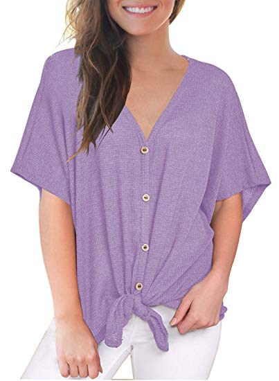 MIHOLL Womens Loose Blouse Short Sleeve V Neck Button Down T Shirts Tie Front Knot Casual Tops