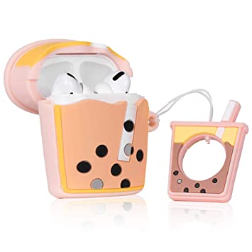 AirPods Pro Case Soft Silicone of Pearl Milk Tea Shockproof Cover for Apple Airpods Pro, New 3D Cute Cartoon Creative Fun Case Skin with Staps Design for AirPods Pro Charging Case 2019 (Pink)