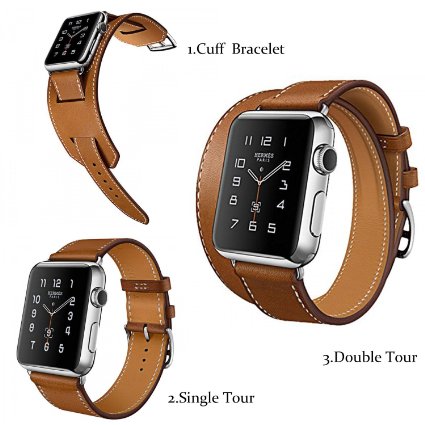 Pinhen Apple Watch Band Double Tour and Cuff Genuine Leather Watch Cow Genuine Leather Classic with Metal Buckle for Apple Iwatch (Double and Cuff Set 42MM Brown)