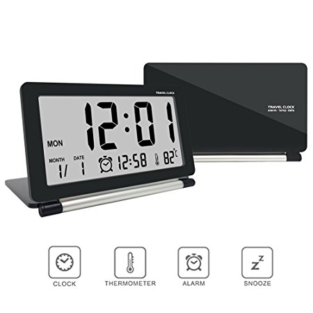 FlatLED Travel Alarm Clock, Ultra-thin Clamshell 12/24 Hour LCD Digital Screen Alarm Clock with Temperature Date Week Repeating Snooze & Leather Cover (Black)