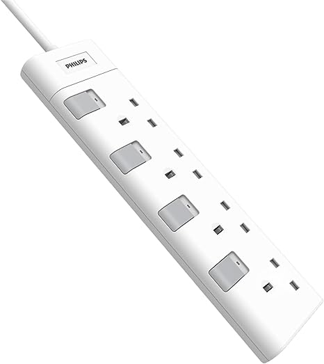 PHILIPS Extension Lead - CHP3140WB/05-4 Gang - White - 3 Meter Power Cord - Individual Power Switches