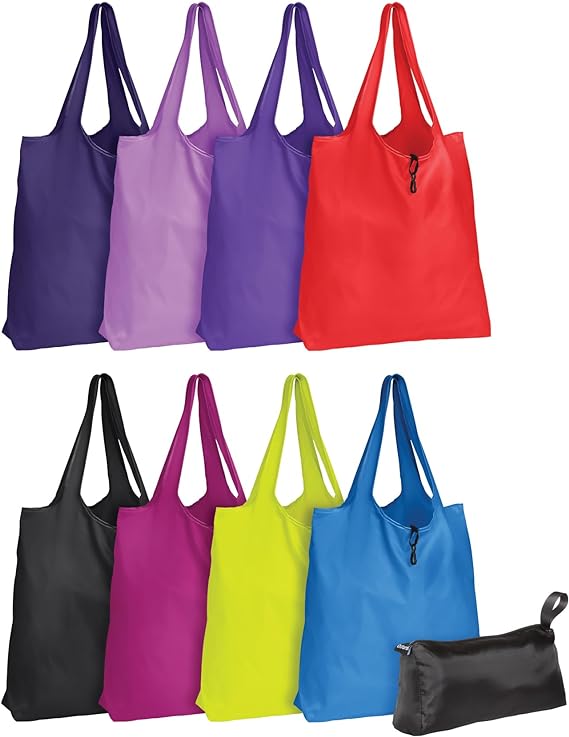 Oxford Grocery Bag Pack - Recycled, Reusable, Machine Washable, 8-Pack in Assorted Colors with Large Storage Space