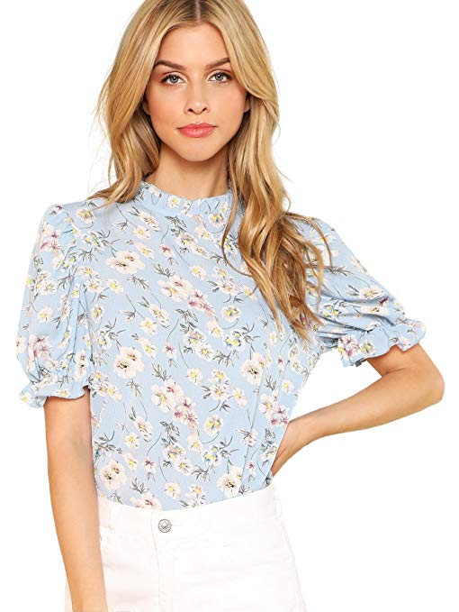 Romwe Women's Floral Print Ruffle Puff Short Sleeve Casual Blouse Tops