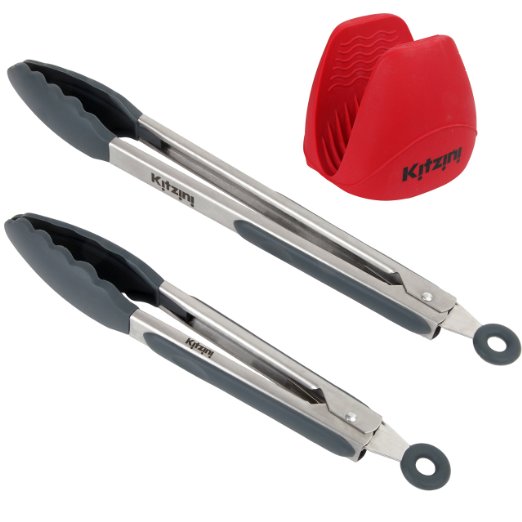 Silicone Kitchen BBQ Tongs. 2 Pack (9inch & 12inch in Graphite Grey), Bonus Silicone Oven Mitt (Red)