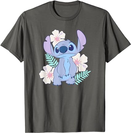 Disney Lilo & Stitch Cute Face Hawaiian Flowers Portrait T-Shirt