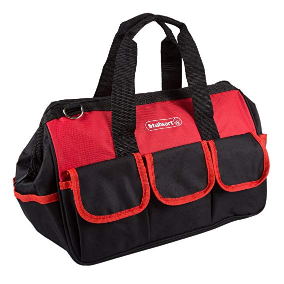 Soft Sided Tool Bag With Wide-Mouth Storage, Storage Pockets and Carrying Strap- Durable 12 Inch Pouch for Tools and Organization By Stalwart (Red)