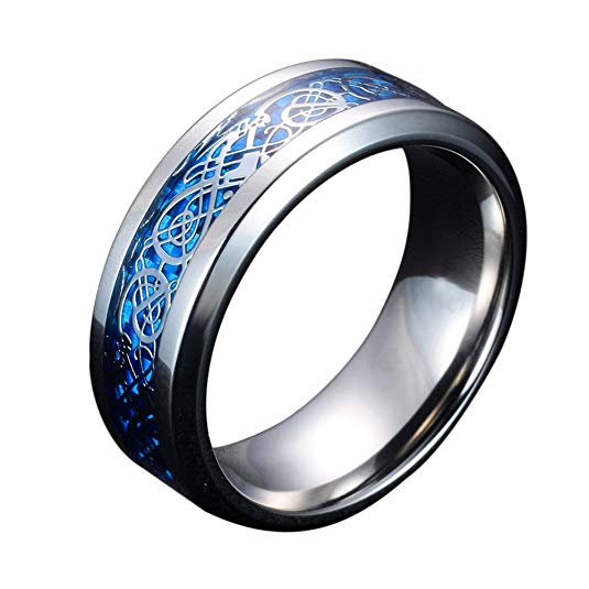 Sliver and Blue Celtic Dragon Titanium Steel Wedding Band Ring for Mens and Womens 8MM Width Size 7-14