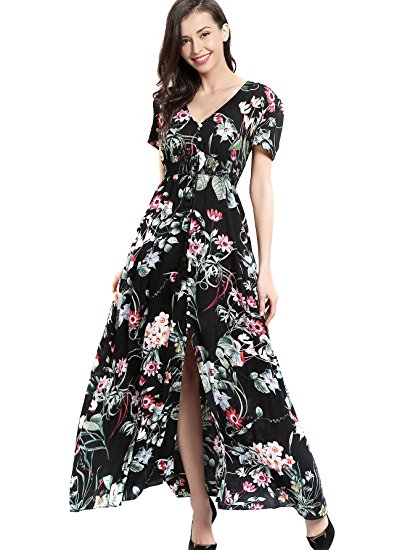 ANGELADY Bohemian Women Button Up Split Floral Print Short Sleeve Beach Maxi Dress