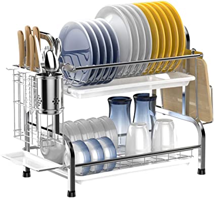Dish Drying Rack,Ace Teah 2 Tier Dish Rack with Utensil Holder,304 Strainless Steel Dish Drainer,Silver