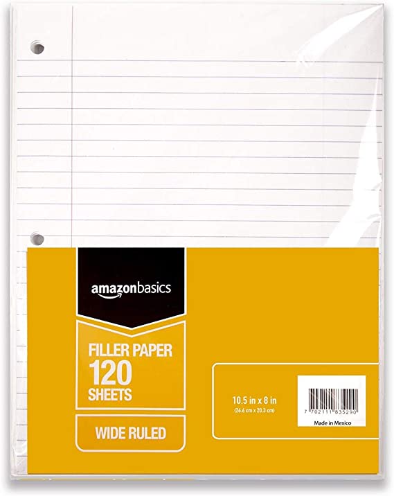 AmazonBasics Wide Ruled Loose Leaf Filler Paper, 120 Sheet, 10.5 x 8 Inch, 6-Pack