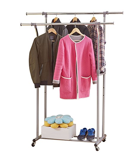 Proaid Double Rail Clothes Rack with Upgraded Commercial Casters, Adjustable Steel Garment Rack, Gray