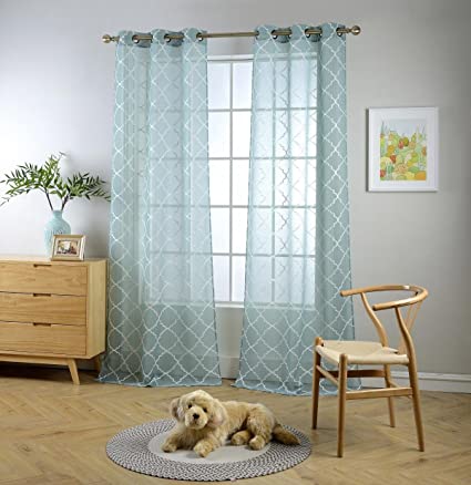 MIUCO Sheer Curtains Embroidered Trellis Design Grommet Curtains 63 Inches Long for Living Room 2 Panels (2 x 37 Wide x 63" Long) Teal