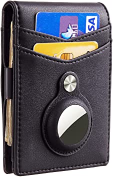 Hawanik Mens Slim Bifold Wallet With Integrated Case Holder for AirTag, Black, Minimalist