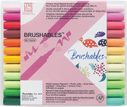 Kuretake ZIG BRUSHABLES 24 Colors Brush Pens set, TWO-TONED pen, Twin brush tips, Waterproof when dry, No mess, Archival Quality, Made in Japan