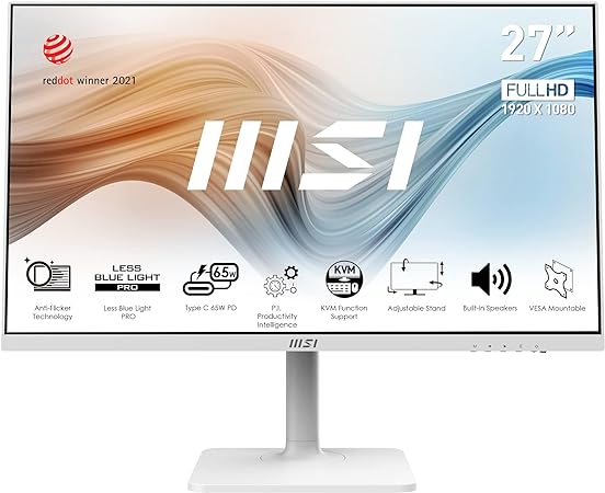 MSI Modern MD272PW 27" Monitor, FHD (1920 x 1080), 75Hz, IPS, 4ms, HDMI, DisplayPort, USB Type-C, KVM, USB Hub, Height Adjustable, Speakers, Anti-Glare, Anti-Flicker, Less Blue light, TÜV, VESA