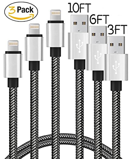 Lightning to USB Cable, 3Pack 3FT 6FT 10FT Nylon Braided iPhone Charging Cord iPad Charger for Apple iPhone SE/6/6S/Plus/5S/5/iPad Mini/Air/Pro/iPod, Compatible with iOS9 (Silver / Black)