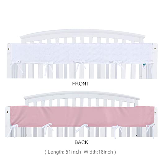 Crib Rail Cover Protector Safe Teething Guard Wrap for Wide Long Front Crib Rails, Measuring up to 18" Around,Pink/White, Safe and Secure Crib Rail Cover.